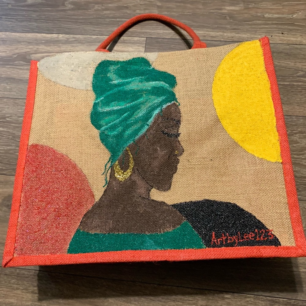 Burlap Tote “Circles Around Her” Hand Painted by Lee for Artbylee123 - Picture 1 of 5